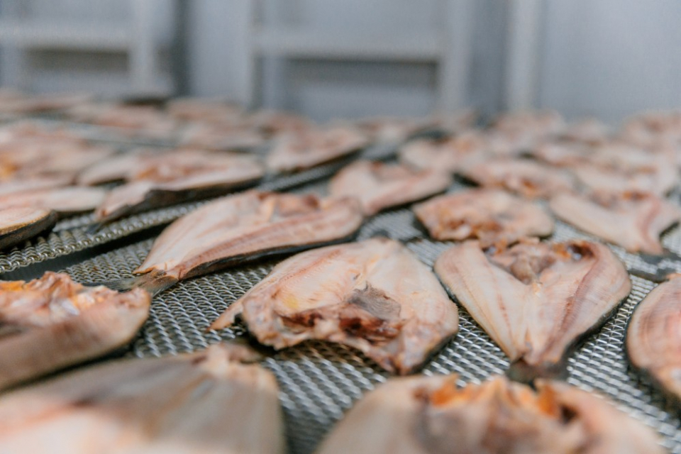 窒素水で魚を洗浄し酸素を遮断。窒素のコーティングによって酸化を防ぎ、鮮度を維持できるのが大きな特徴。専用の「窒素封入温風乾燥室」で高温の窒素を循環させ、短時間で乾燥させて干物を作っている。