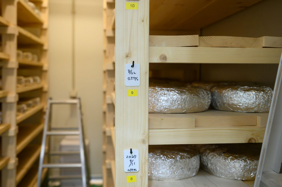 熟成庫にあるチーズは、製造日や熟成期間ごとに細かく管理されている。